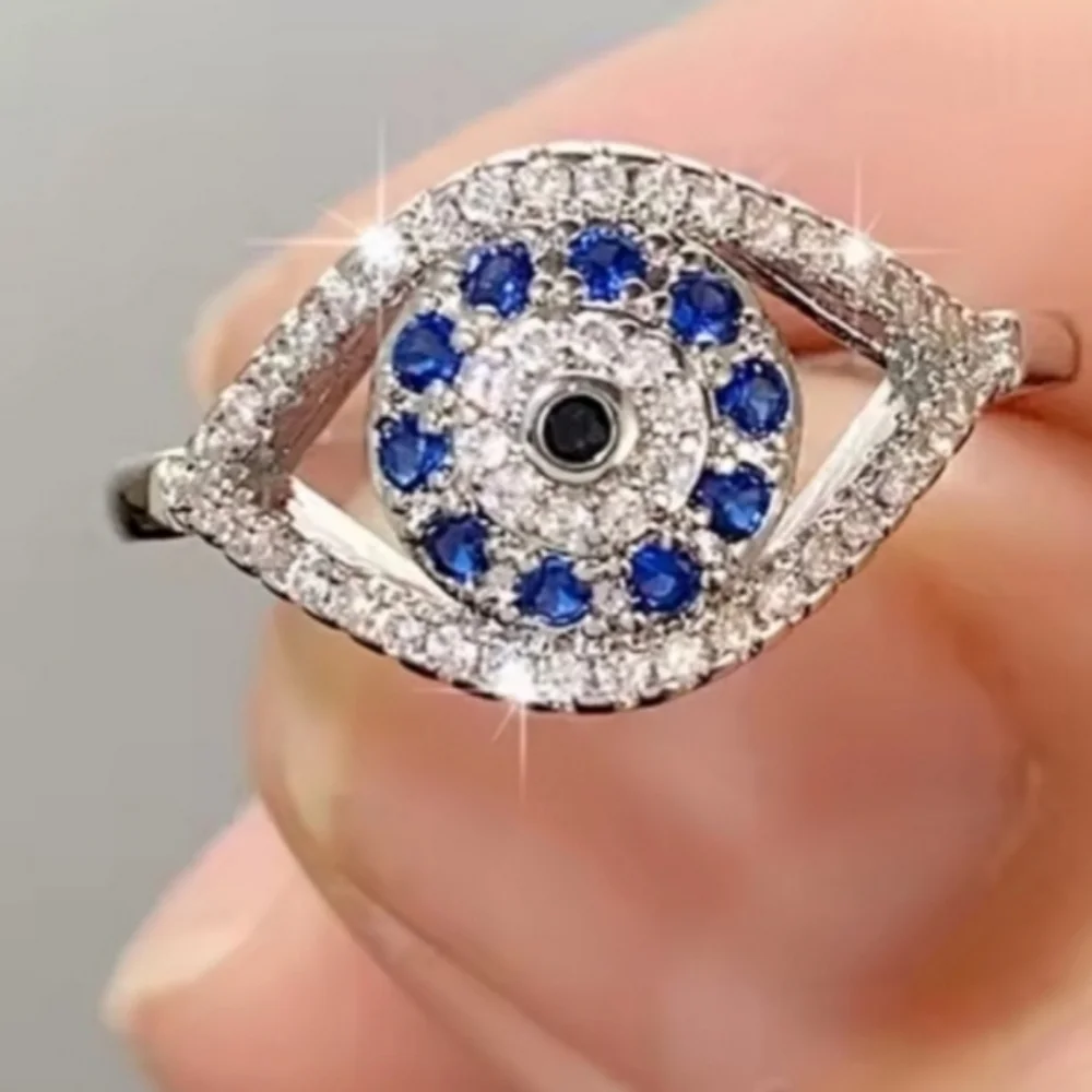 Elegant Silvery and Blue Evil Eye Ring Sz 9